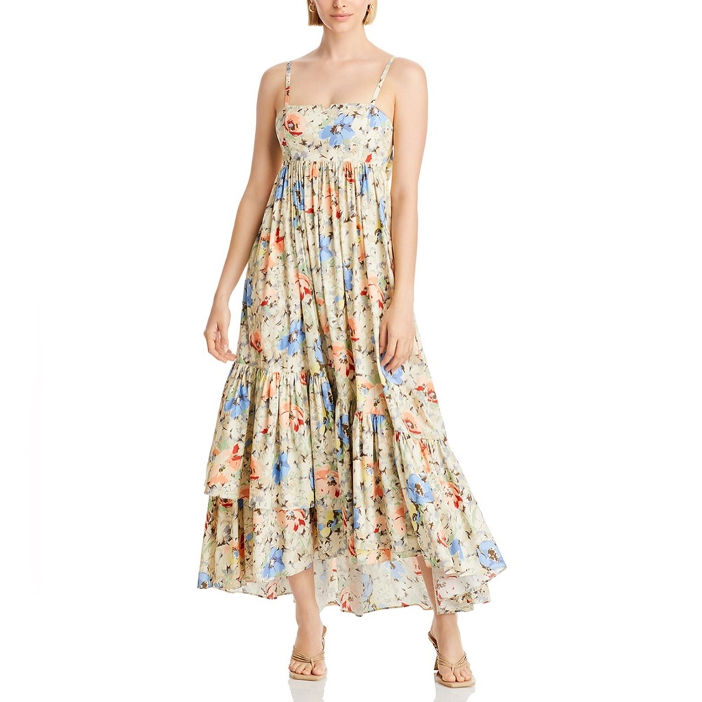cinq a sept Cream Floral Maxi Dress with Blue and Coral Blooms